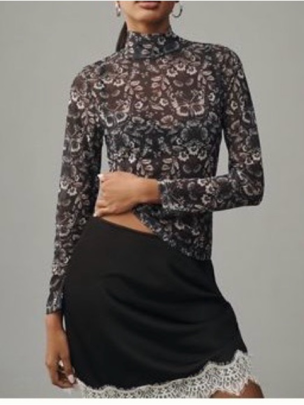 Anthropologie Sheer Floral Mock Neck Top in Black and White